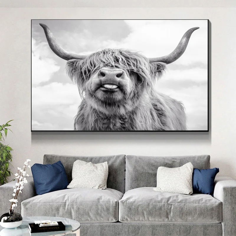 Black And White Wild Yak Highland Cattle Canvas Poster And Prints Painting Animal Picture Modern Home Living Room Decor Wall Art