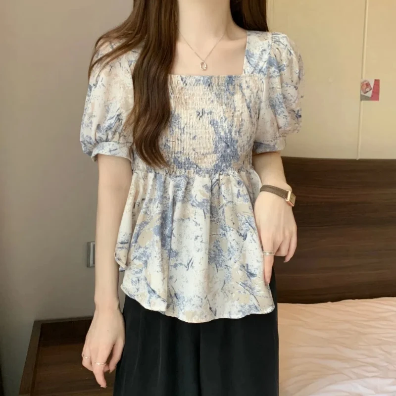 Summer New Sweet Short Pleated Shirt Tops Square Collar Floral Print All-match Fashion Short Blouse Elegant Korean Women Clothes