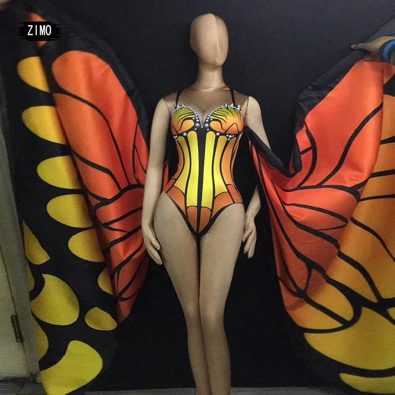 

blue orange butterfly wings performance costume pearl bodysuit women dance stage birthday party club cosplay festival clothes