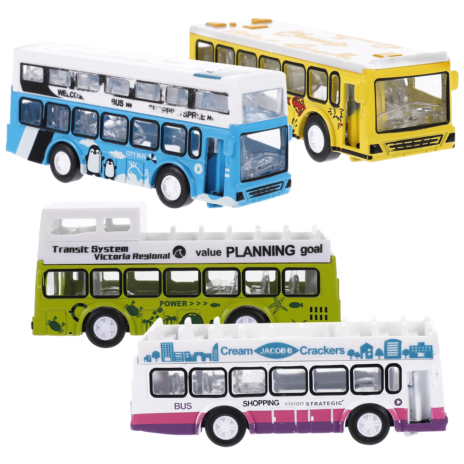 4 Pcs Bus Model for Kids Pull Back Toys Birthday Gift Boys Open The Door Toddler