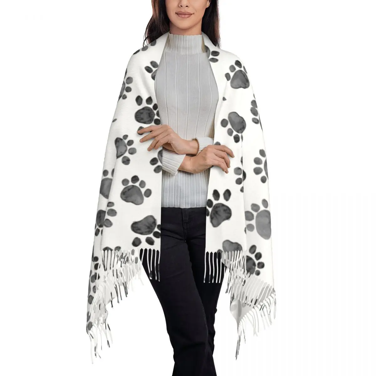 Cat Paw Print Scarf Women Men Stylish Winter Fall Shawl Wraps Dog Paws Prints Animal Tassel Wraps