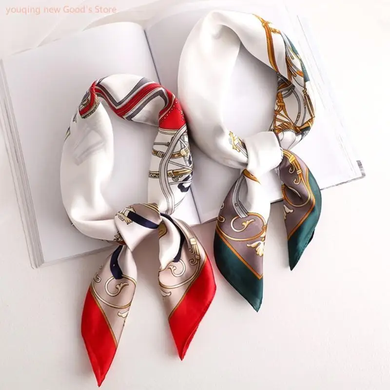 

49ME Elegant Printed Silk Scarf for Women Unique Designing Square Neckerchief Soft and Breathable Fabric Headwrap Scarf