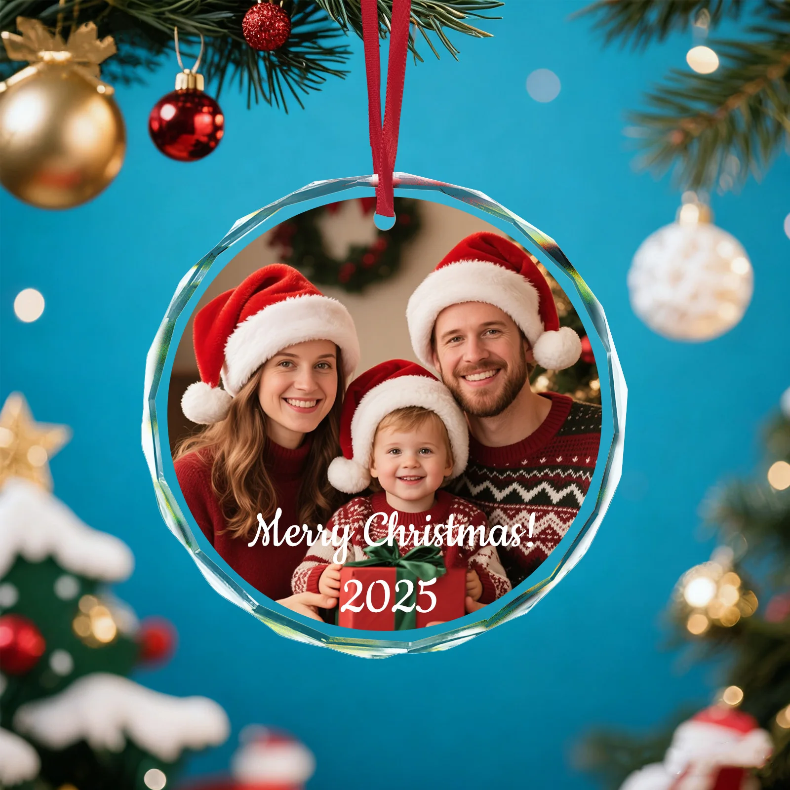 زخرفة صور عيد الميلاد المخصصة ، هدية عيد الميلاد الشخصية للعائلة تذكار شجرة كرة زجاجية ديكور 2025 هدية الذكرى السنوية المنزلية