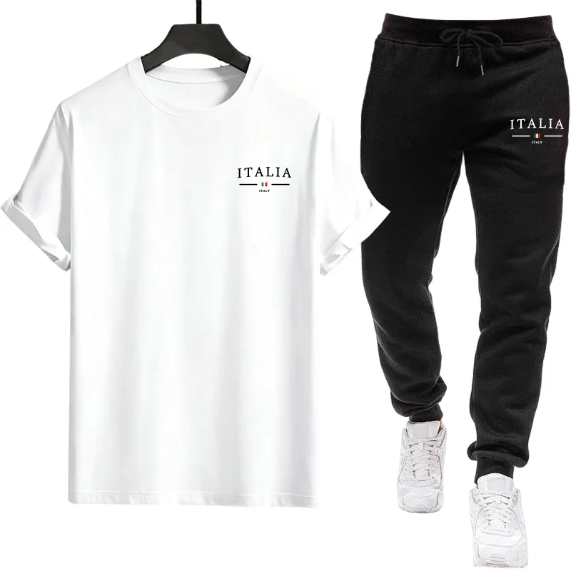 Italy Men's Street Fashion Set Crew Neck T-Shirt and Slim Fit Joggers Urban Casual Style Spring Summer Casual Loose Tees Outfits