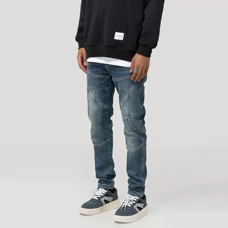 Street Style Fashion Men Jeans Retro Blue Elastic Slim Fit Ripped Jeans Men Spliced Designer Hip Hop Denim Biker Pants Hombre
