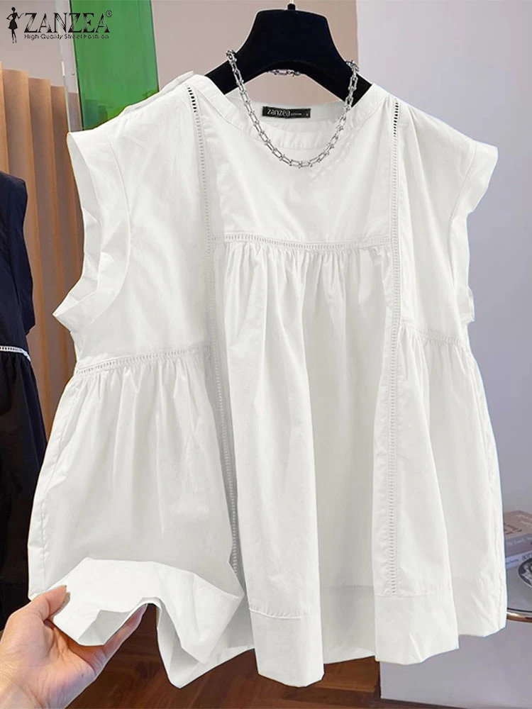 

ZANZEA Lace Insert Solid Blusas Fashion Patchwork Streetwear 2025 Summer Sleeveless Blouses O-Neck Woman Loose Casual Tank Tops
