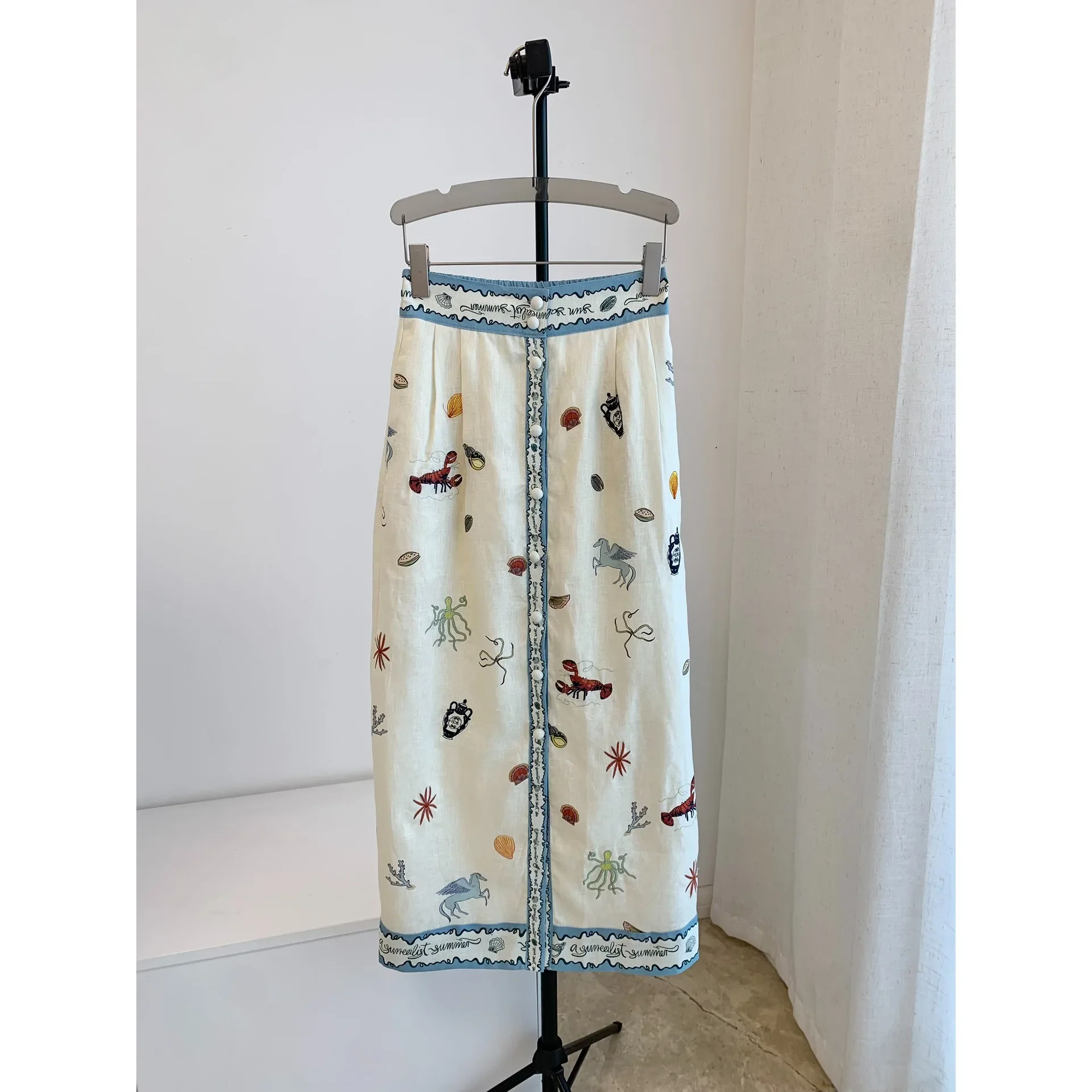 

Женская льняная юбка-миди 100, облегающая, облегающая бедра, юбка средней длины с принтом океана