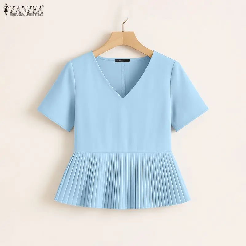 

Женские повседневные блузки ZANZEA с короткими рукавами, летние футболки с V-образным вырезом и плиссированным подолом, лоскутные футболки, однотонные легкие блузки для женщин
