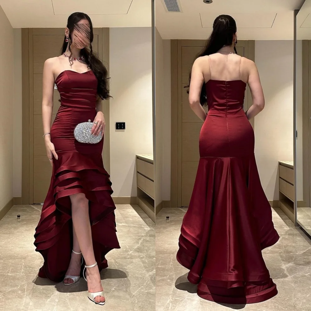 

Customized Charmeuse Pleat Sequined Sweetheart Neck Trumpet Hi-Lo Dresses Bespoke Occasion Elegant Party Gown Charming Sexy