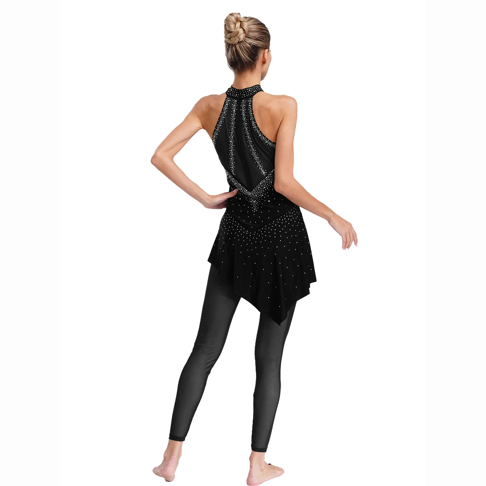 Womens Figure Skating Dance Jumpsuit Ballet Gymnastics Performance Costume with Sheer Mesh Patchwork Rhinestones Skirted Romper