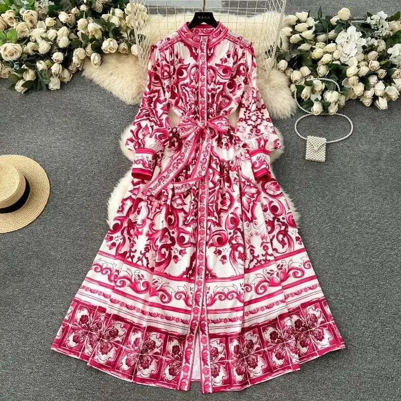 Autumn Holiday Print Yellow Floral Maxi Dress Women\'s Single Breasted Loose Lace Belt Red Blue White Porcelain Long Robe Vestido
