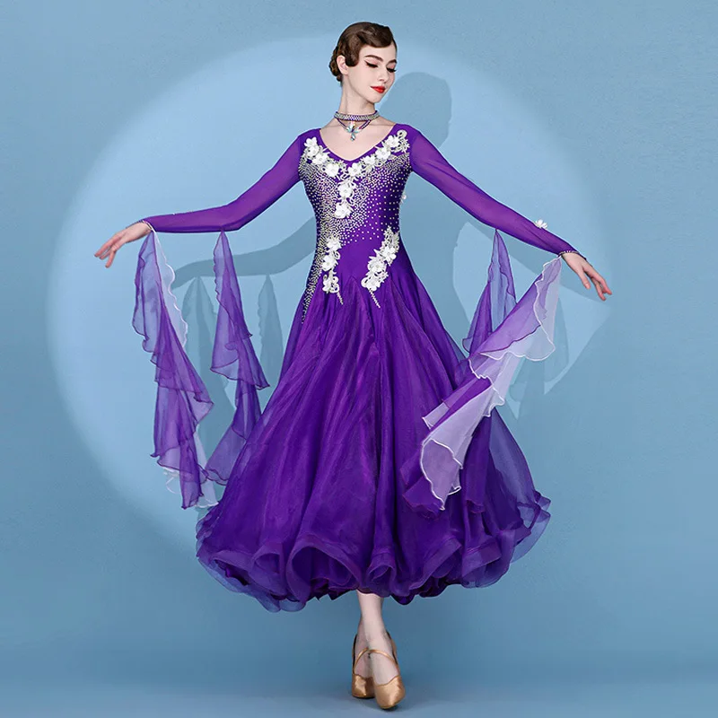Alta qualidade feminino adulto longo dança wear jardim eterno trajes roxos personalizado vestido de dança de salão