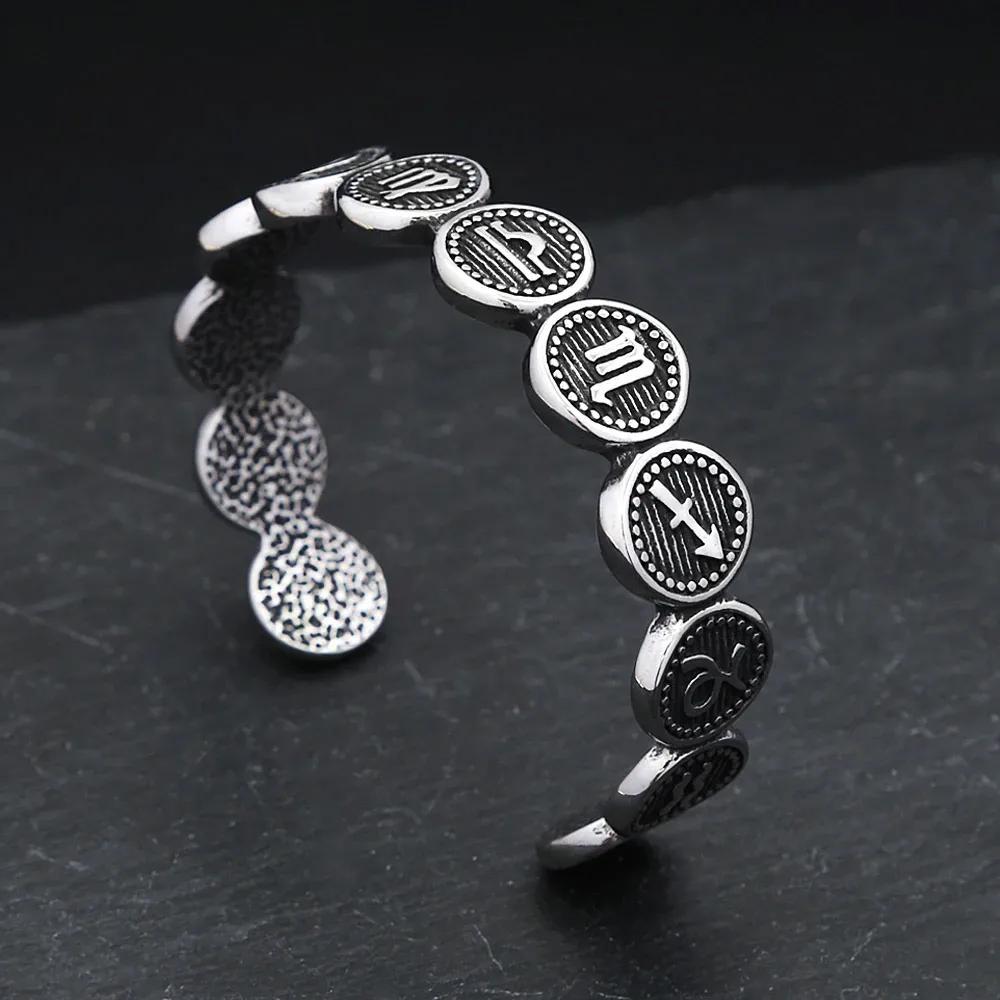 Retro Twelve Zodiac Coin Bangle Horoscope Astrology Symbol Open Bracelet For Men Women Street Fashion Jewerly Accessories
