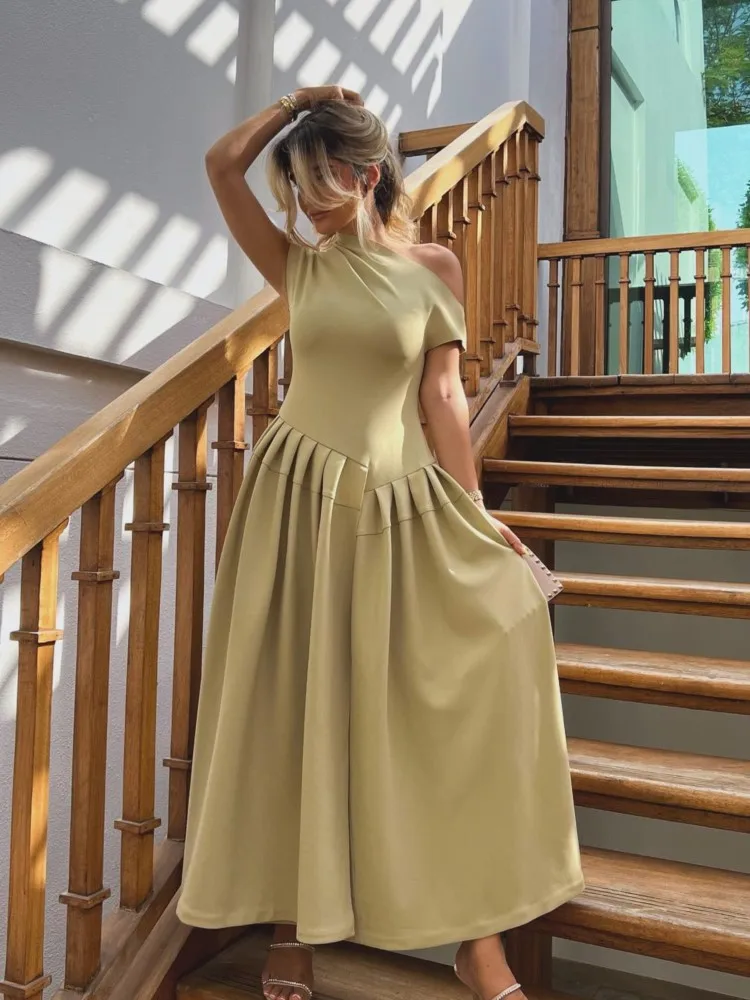 

Elegant Solid Pleated Hem Women A-line Dress Fashion Asymmetry Half High Collar Short Sleeve Maxi Dress Lady Chic Party Robes