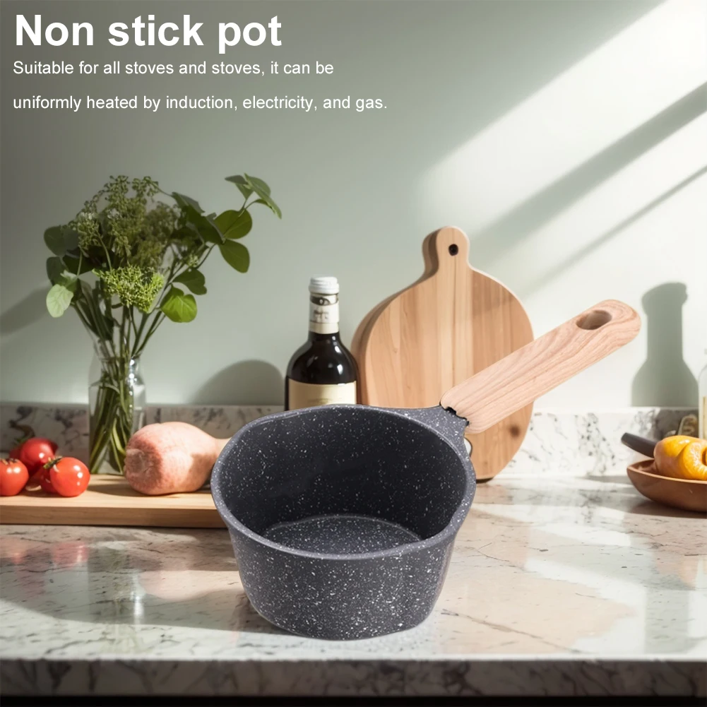 Mini Boiling Pan Wooden Handle Butter Warmer Small Saucepan Non-stick Frying Pan for Kitchen Induction Cooking Gas Stove Camping
