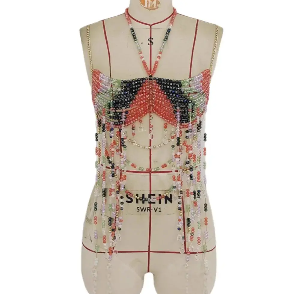 

New European-American Style Pearl Fringe Body Chain Halter Neck Cutout Outerwear Top For Hot Girls Summer Beach Vacation Outfit