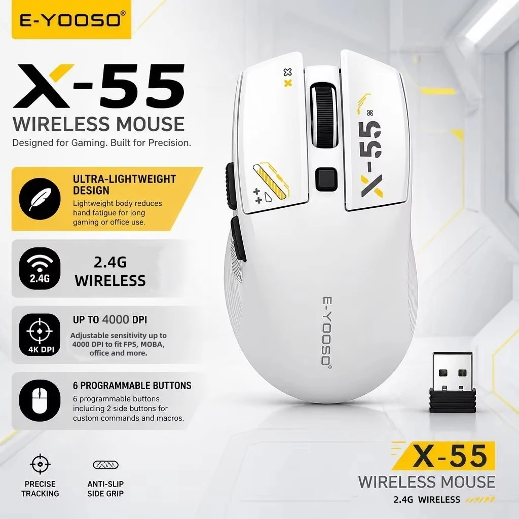 E-YOOSO X55 Lightweight Wireless Gaming Mouse, 2.4G & Bluetooth Dual Mode, 5 Levels 4000 DPI Adjustable, for PC Laptop Mac
