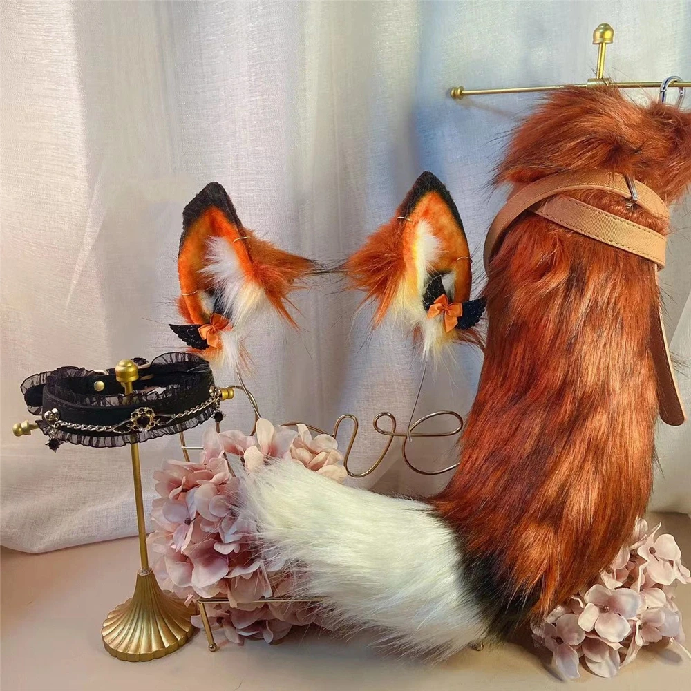 

New Handmade Work Golden Red Fox Ears Hairhoop Tail Necklace Earrings Cosplay Carnaval Gothic Lolita Acessories Headwear