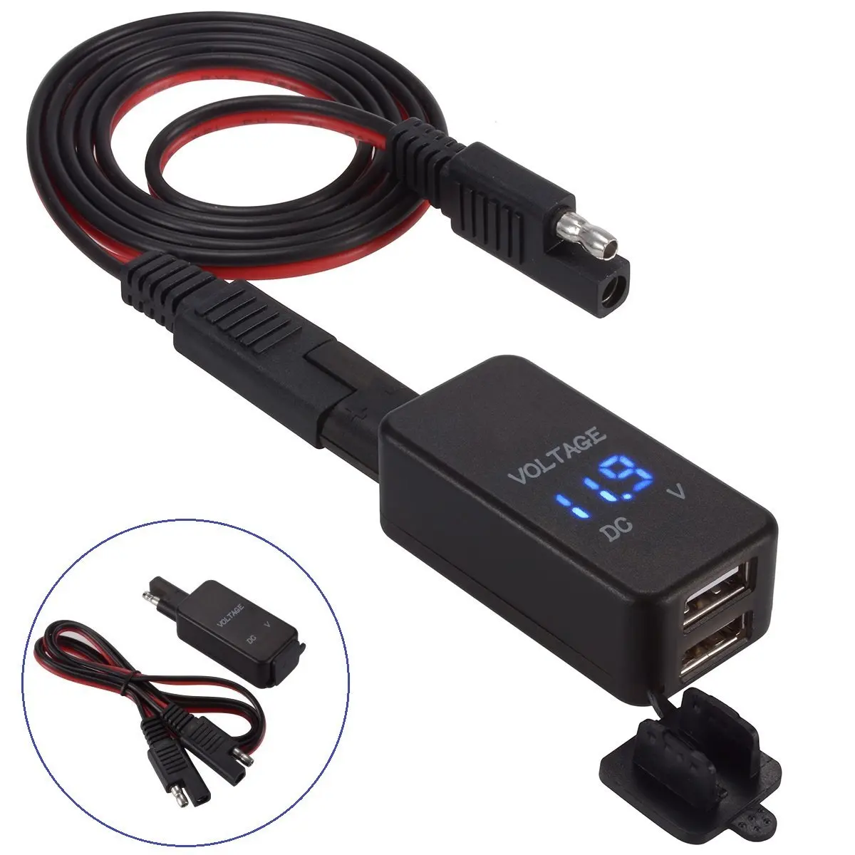 Adaptador SAE a USB con voltímetro para motocicleta, enchufe de desconexión rápida con cargador USB Dual impermeable para teléfono inteligente,