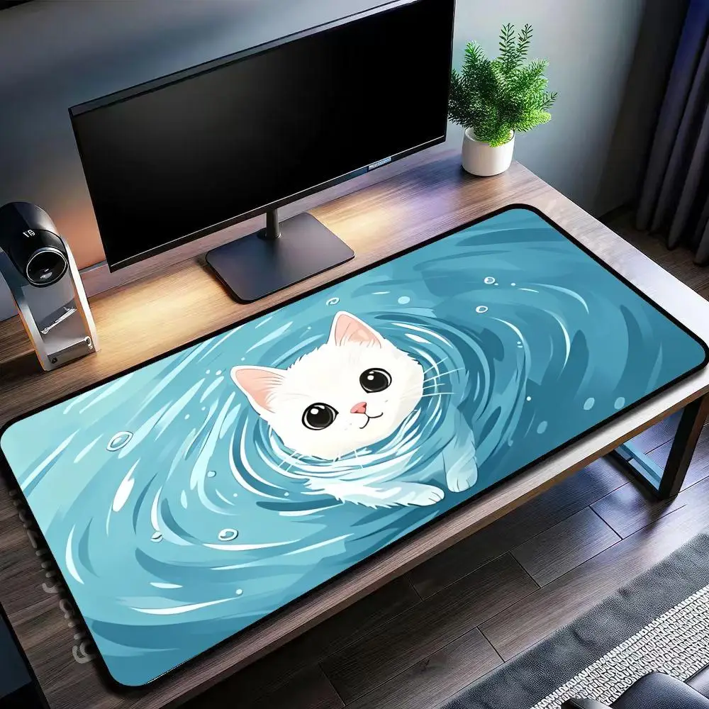 Cute White Cat in Blue Water Mouse Pad XXL  Swimming Design, Non-Slip Rubber Base, Large Desk Mat for Gamers & Office