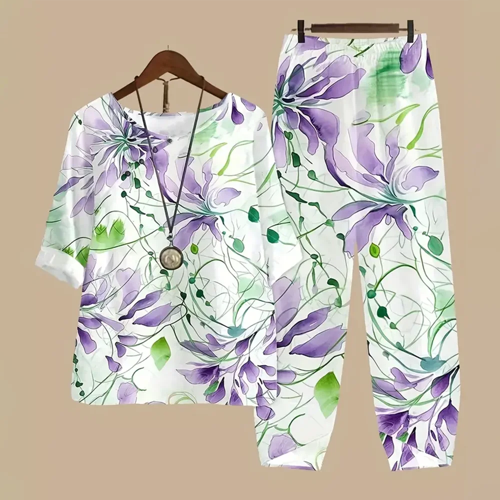 Summer 2 Piece Set Women Loose Short Sleeve Shirt Top High Waist Pants Flower Print Outfits Ladies Elegant Vintage Suit Fall