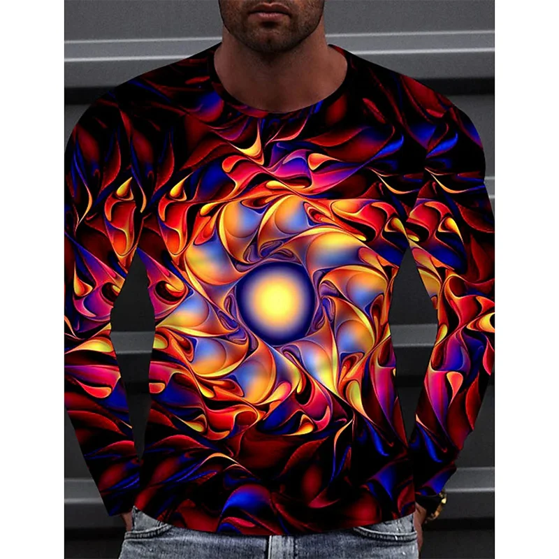 Visual Illusion Pattern T-Shirt For Men Fashion Colorful 3D Printed T Shirts Autumn Casual Loose O-Neck Tops Tees Long Sleeves