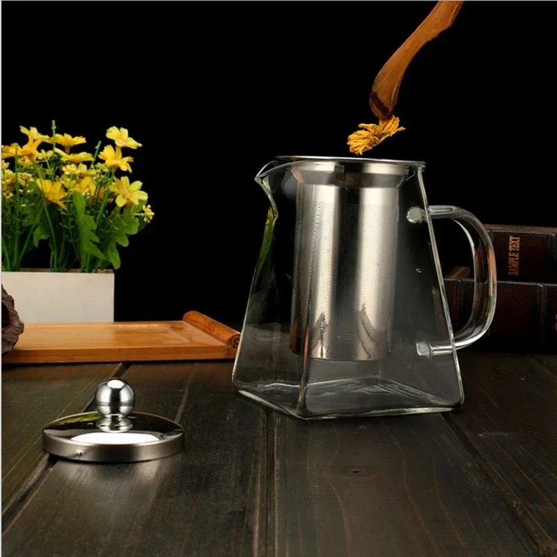 Heat Resistant Glass Teapot with Stainless Steel Infuser Heated Container Tea Pot Good Clear Kettle Square Filter Baskets