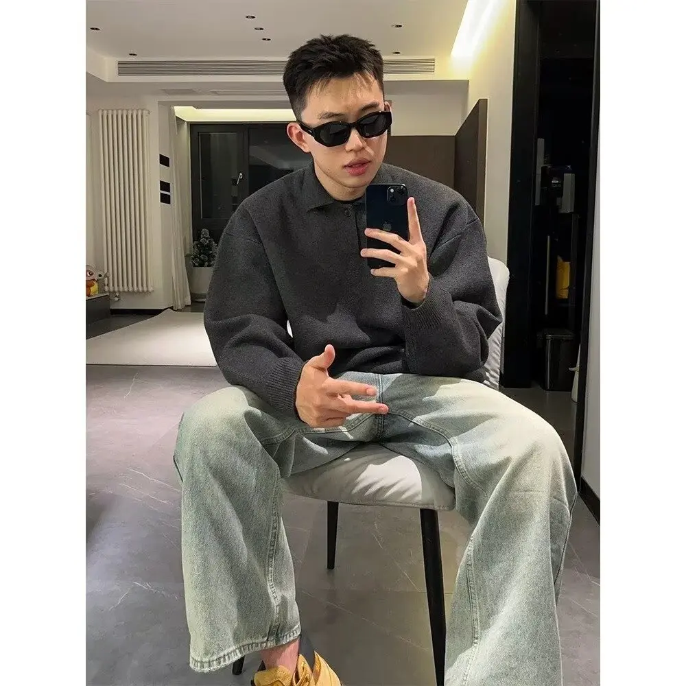 

Корейский мужской вязаный свитер с воротником-стойкой, оверсайз, зимний модный принт, повседневный длинный свек, топ, многослойная основа irt