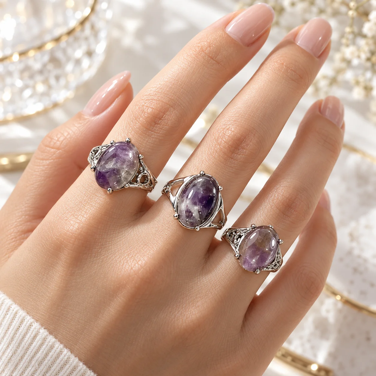 50Pcs/lot Mixed Color Resin Stone Ring Set Vintage Silver Plated Adjustable Finger Rings for Women Bulk Jewelry Lot