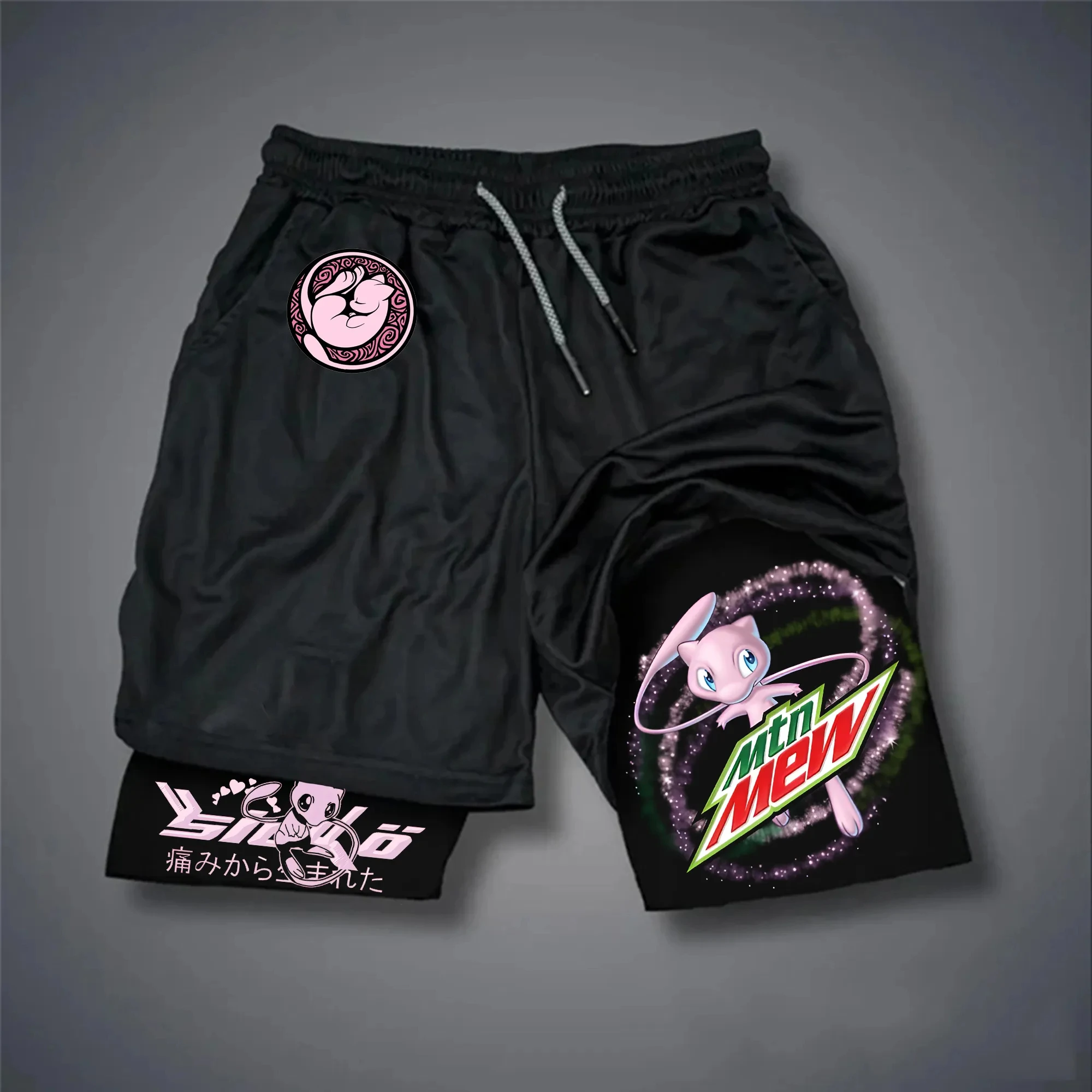 pokemon-mew-shorts-masculino-algodao-calcas-esportivas-2025-verao-grafico-bottoms-base-preta-mew-personagem-rosa-olhos-azuis-roxo-halo-estrela