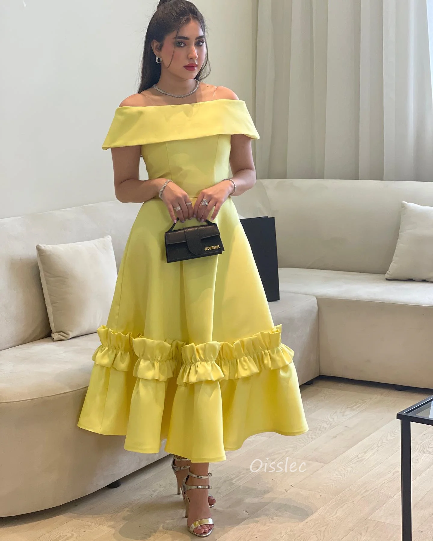 

Oisslec Yellow Prom Dress Evening Satin Ruffled Cocktail Party A Line Off-shoulder Occasion Gown Midi Dresses Saudi Arabia