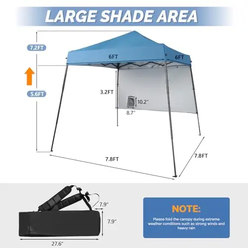 6x6 ft Pop Up Canopy Tent, Outdoor Small Gazebo with Backpack, Patio Slant Leg with 1 Sidewall, Portable Easy Up (Blue)