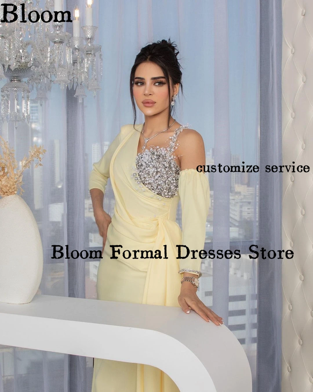 Bloom Pearls Beadings Prom Dresses Three-Quarter Sleeves Ruffle Off Shoulder Cream Yellow Evening Dresses Formal Party Gown