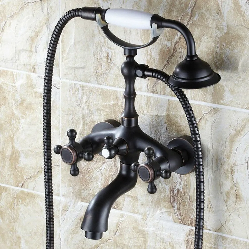 

Black Oil Rubbed Brass Wall Mounted Dual Handles Bathtub Faucet Mixer Taps with Telephone Style Handheld Shower Head ttf041