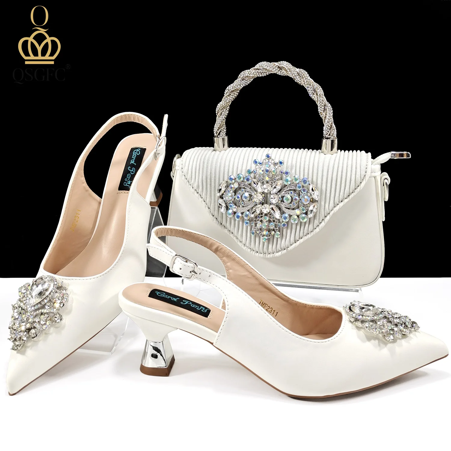 

QSGFC 2024 Italian Design Girly Style White Color Pointed Toe Wedding Shoes And Bag Full Diamond Decoration Handle Bag