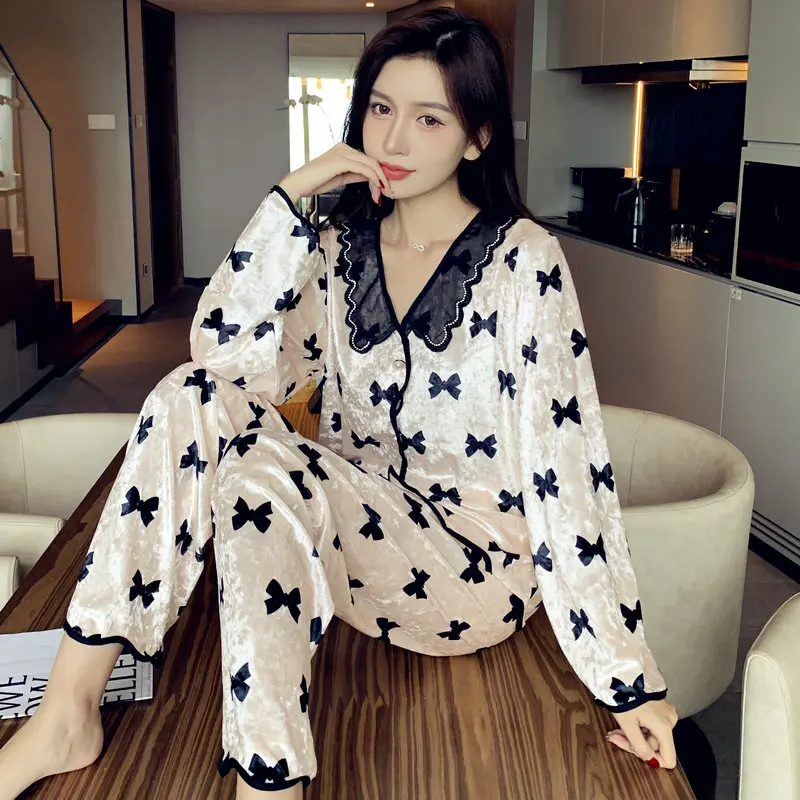 French Romantic Bow Lace Fleece Women\'s Pajamas Korean Harajuku Ins Print Lady Sleepwear 2024 New Autum Winter Y2k Lazy Home Set