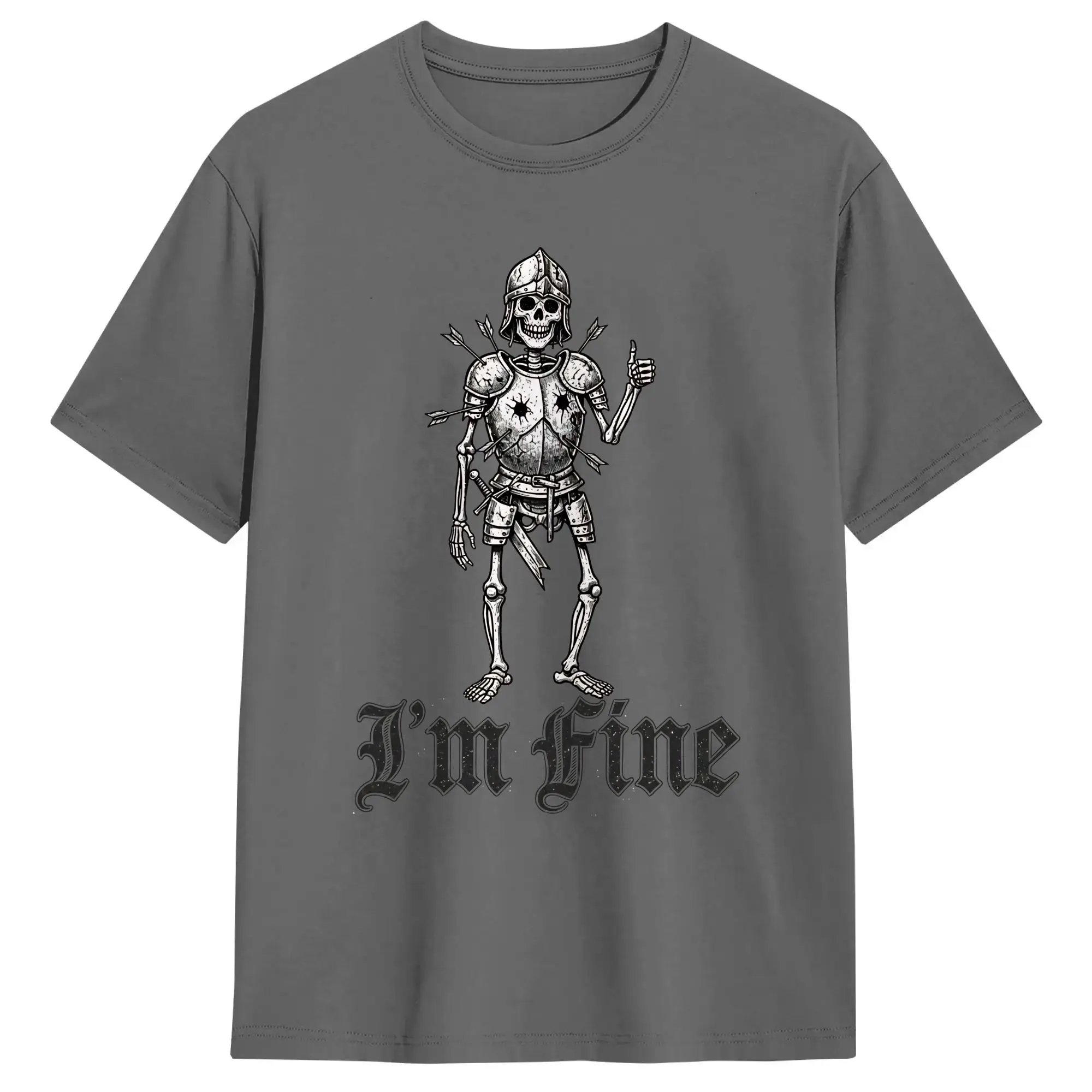 Men IM Fine   Vintage Woodcut Funny Skeleton RPG Art  T Shirts I Am Fine! 100% Cotton Tees Summer Y2K Basic Short Sleeve T-Shirt