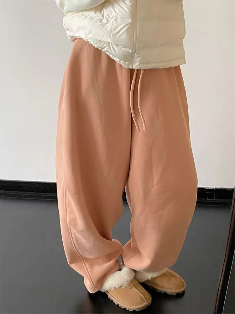 

Зимние толстые женские широкие брюки Y2K, свободные спортивные штаны с высокой талией и шнурком Bf, американская уличная одежда, флисовые брюки Scimitar