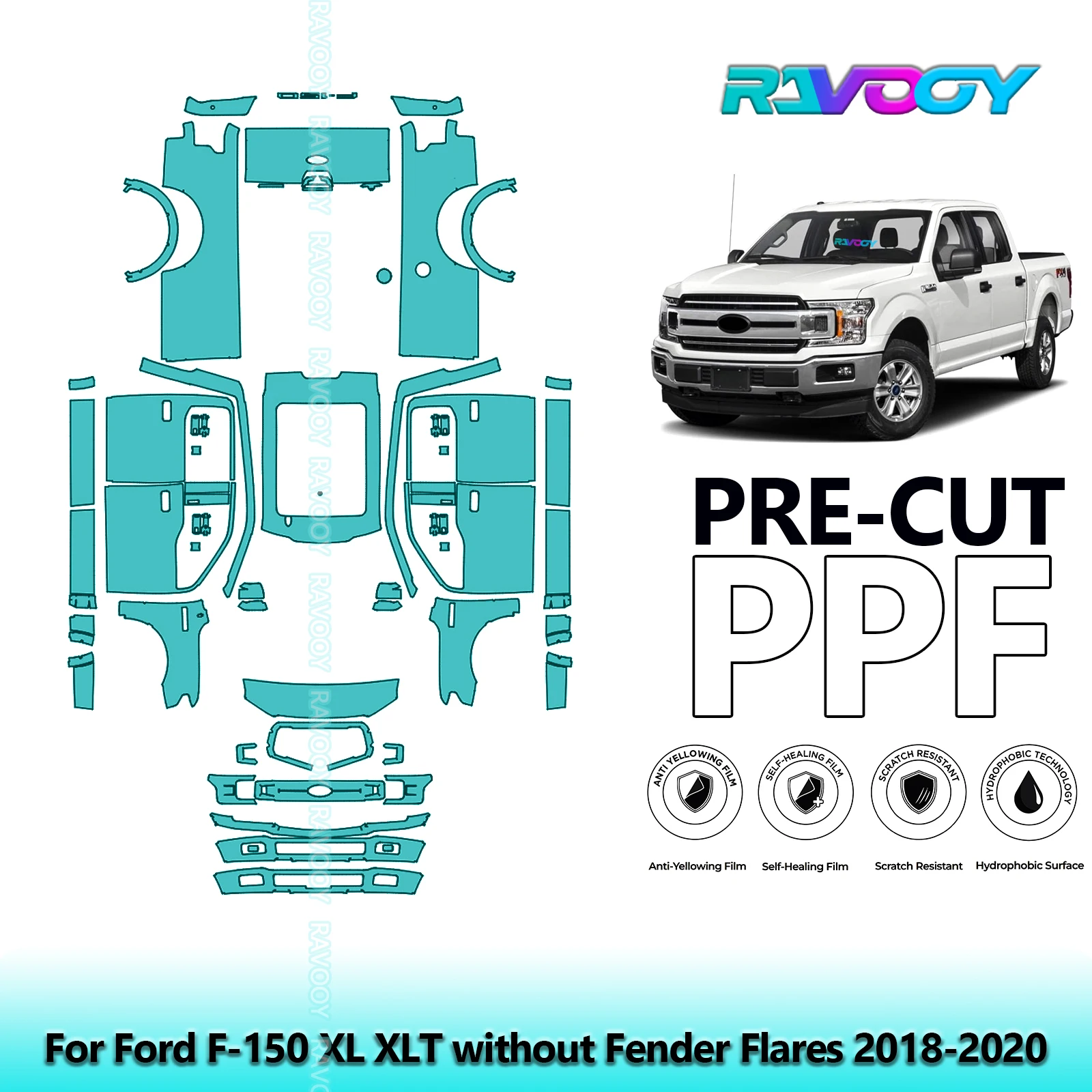 

For Ford F-150 XL XLT Without Fender Flares 2018-2020 Full Vehicle 8.5Mil Paint Protection PPF Clear Bra Kit