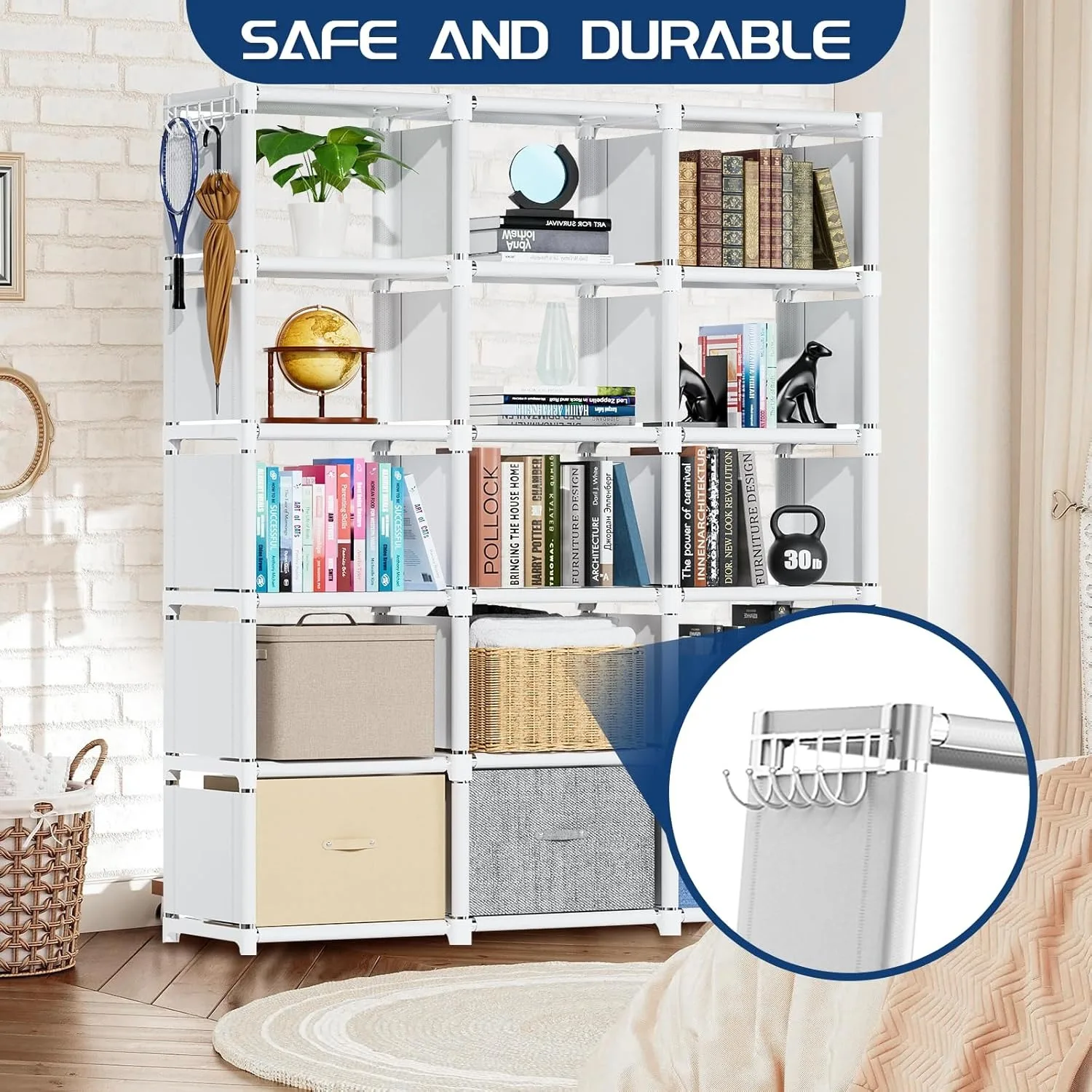 رف الكتب، منظم تخزين 15 مكعبًا، منظم رف الكتب، رف خزانة الكتب الطويل، حافظات/أرفف الكتب، أبيض #6