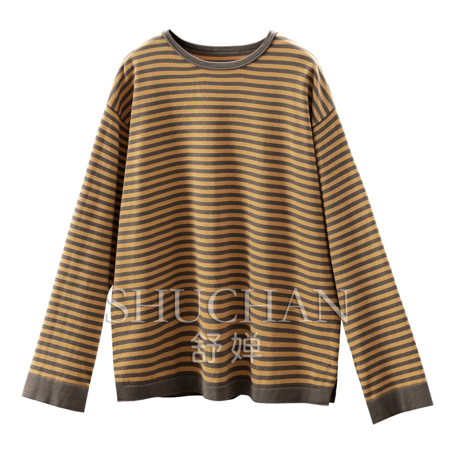 Casual T-shirt Contrast Stripe Yarn 100% Cotton Long Sleeve Knitted T-Shirt Women's 82W2