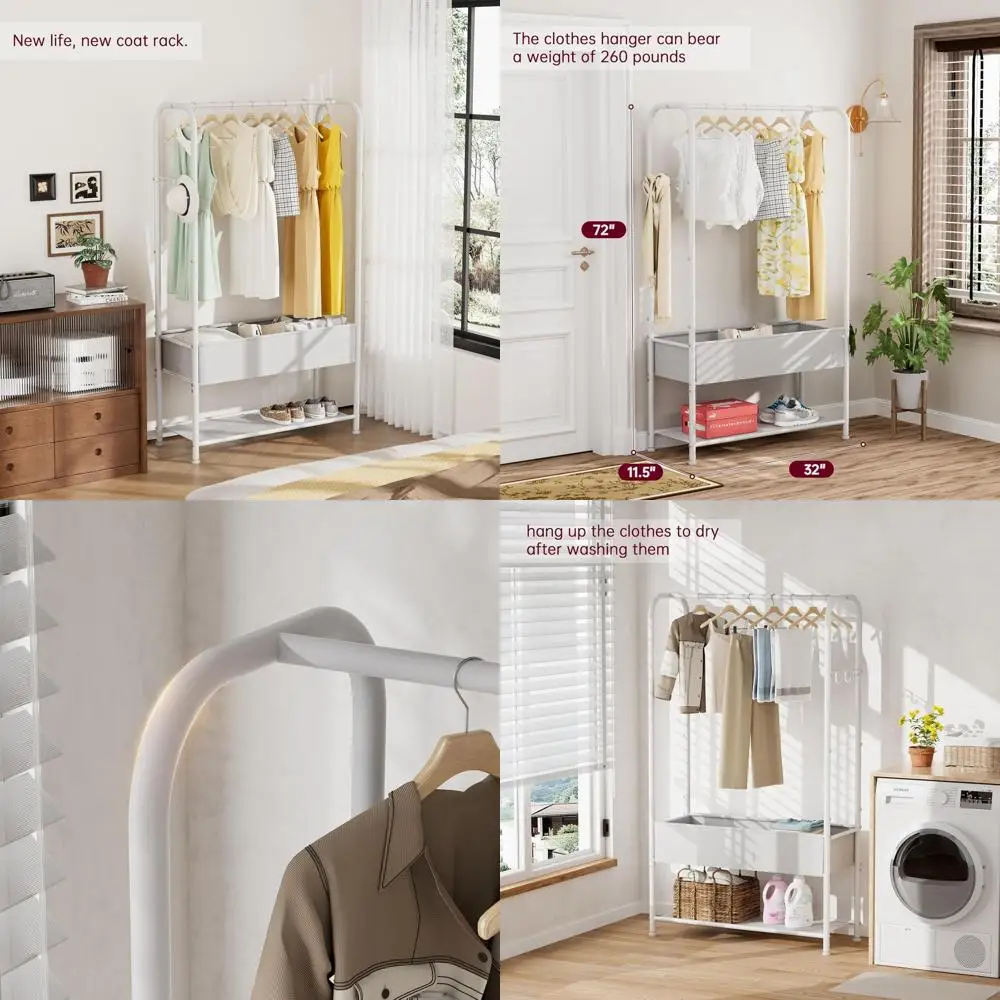 

Portable Metal Clothes Rack for Laundry and Bedroom - Freestanding Drying and Hanging, White
