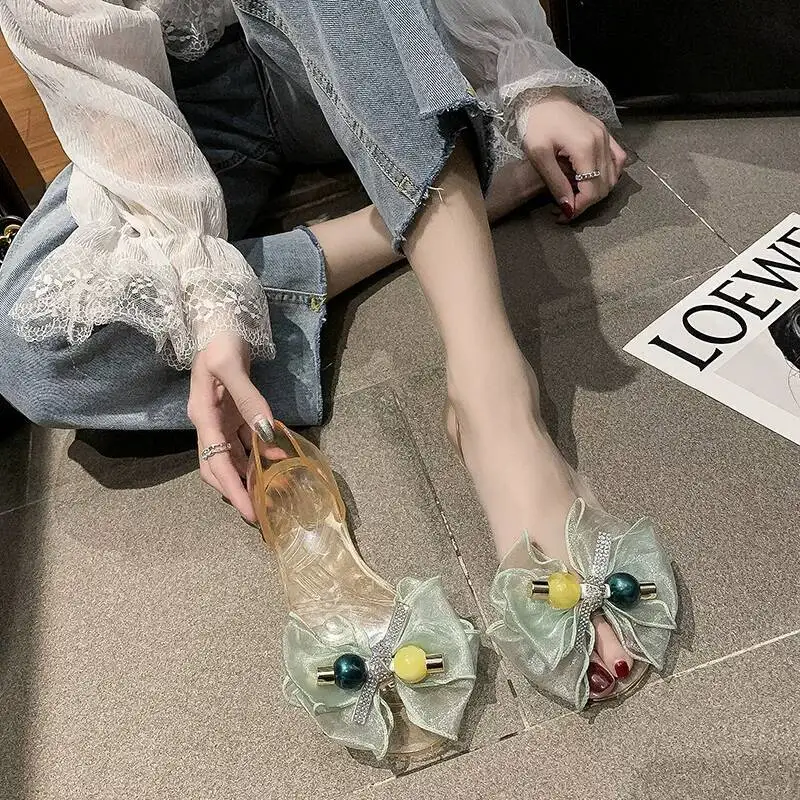2026 New Summer Sweet Bow Jelly Sandals Women Transparent Crystal Soft Waterproof Beach Outdoor Wear Slip On Ladies Rain Shoes