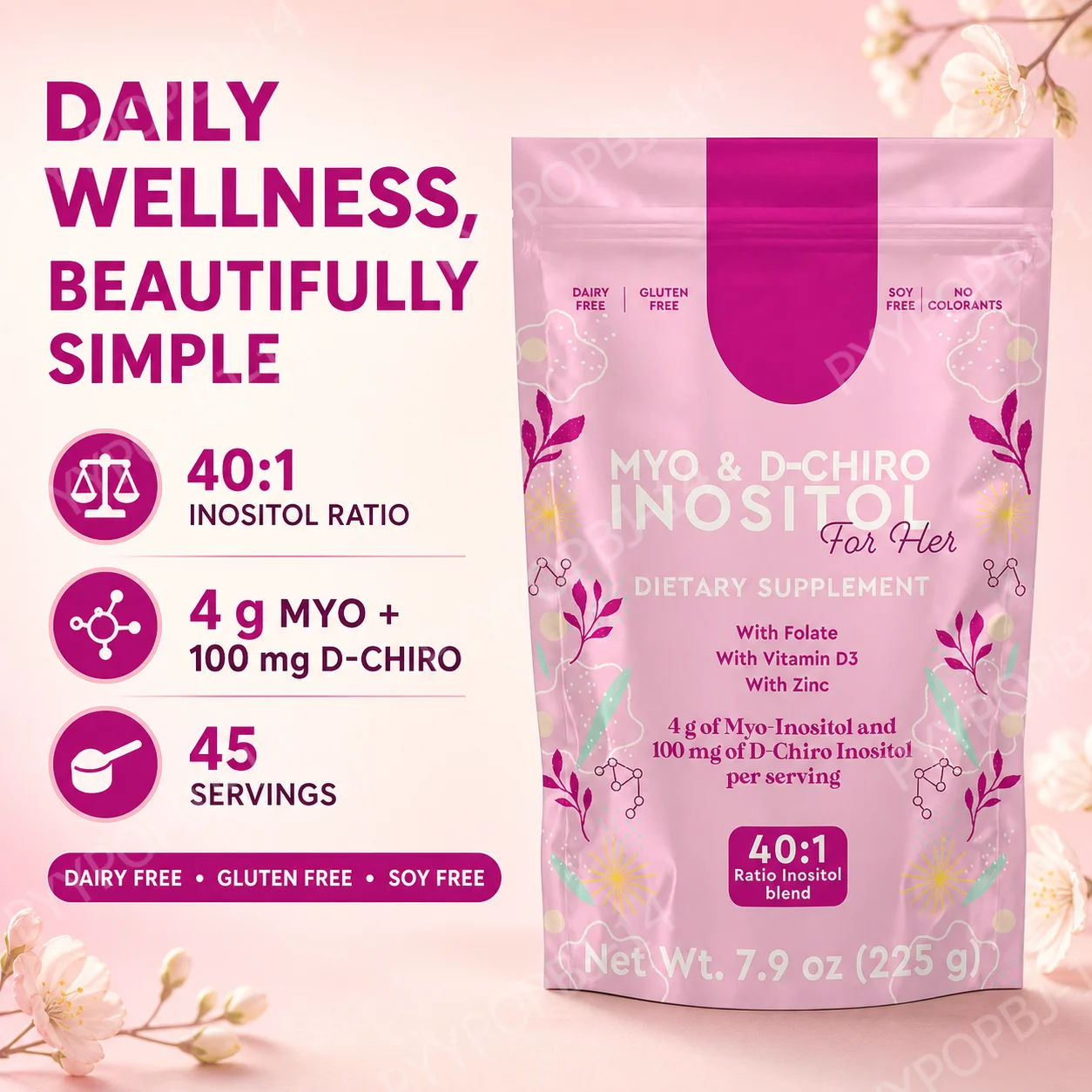 Myo Inositol & D-Chiro Inositol Powder 40:1 Ratio, 225g 45 Servings with Folate, Vitamin D3 and Zinc, Daily Nutrition