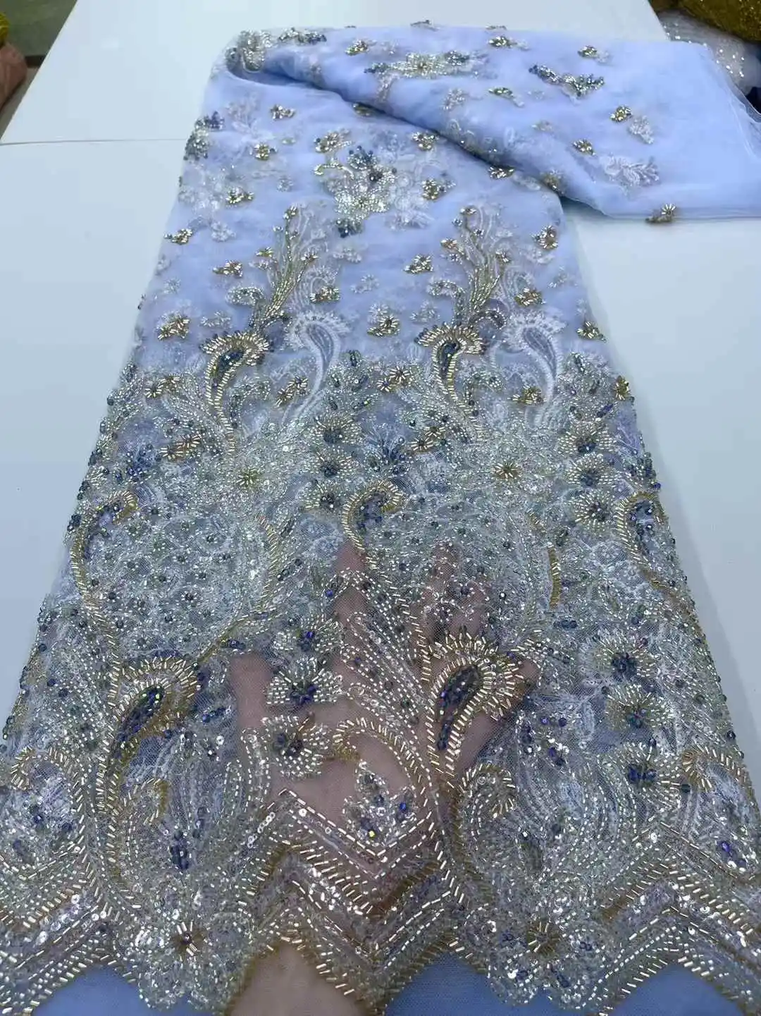 Luxury African Lace Fabric French Net Sequins Beads Fabric 2025 High Quality Sewing Embroidered Lace Tulle Nigerian