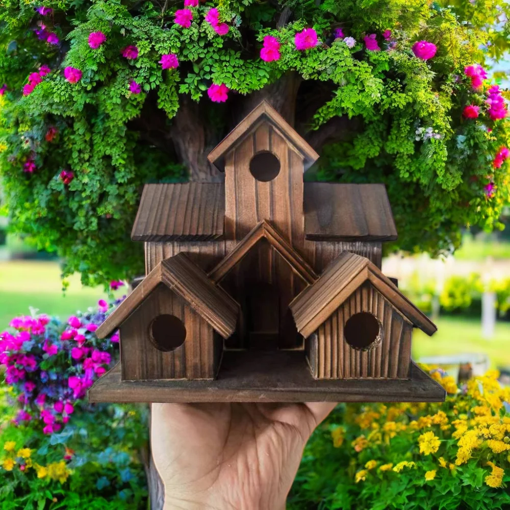 Decorative Wooden Bird House Outdoor Garden Hanging Feeder Villa Nest Natural Solid Wood Waterproof Shelter for Wild Birds