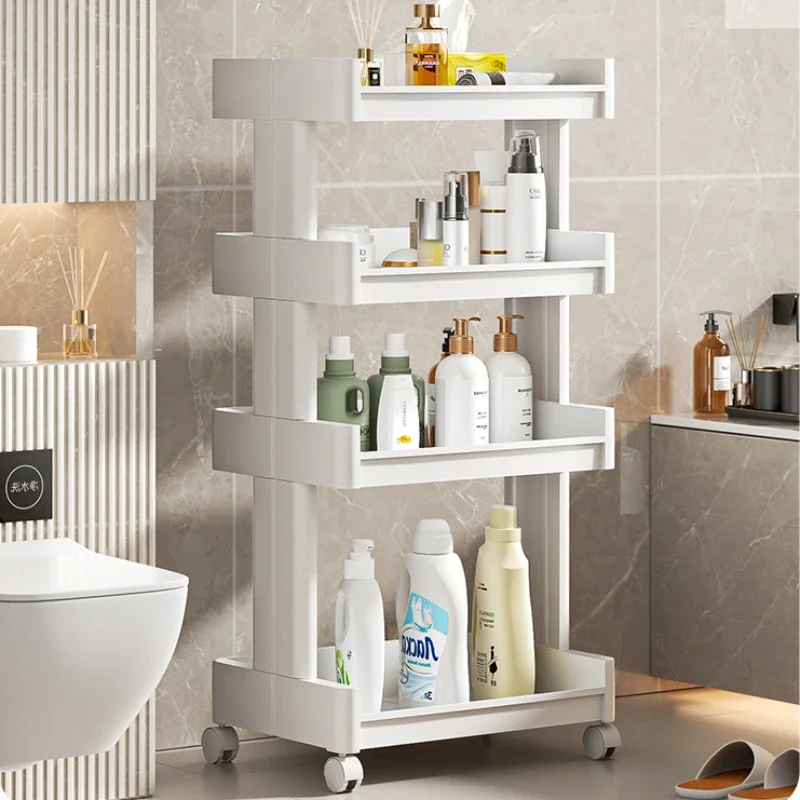 Durable Plastic Bathroom Trolley  Multi-Layer Washbasin Rack Large Capacity Mobile Shampoo Holder Pulley System Organizer