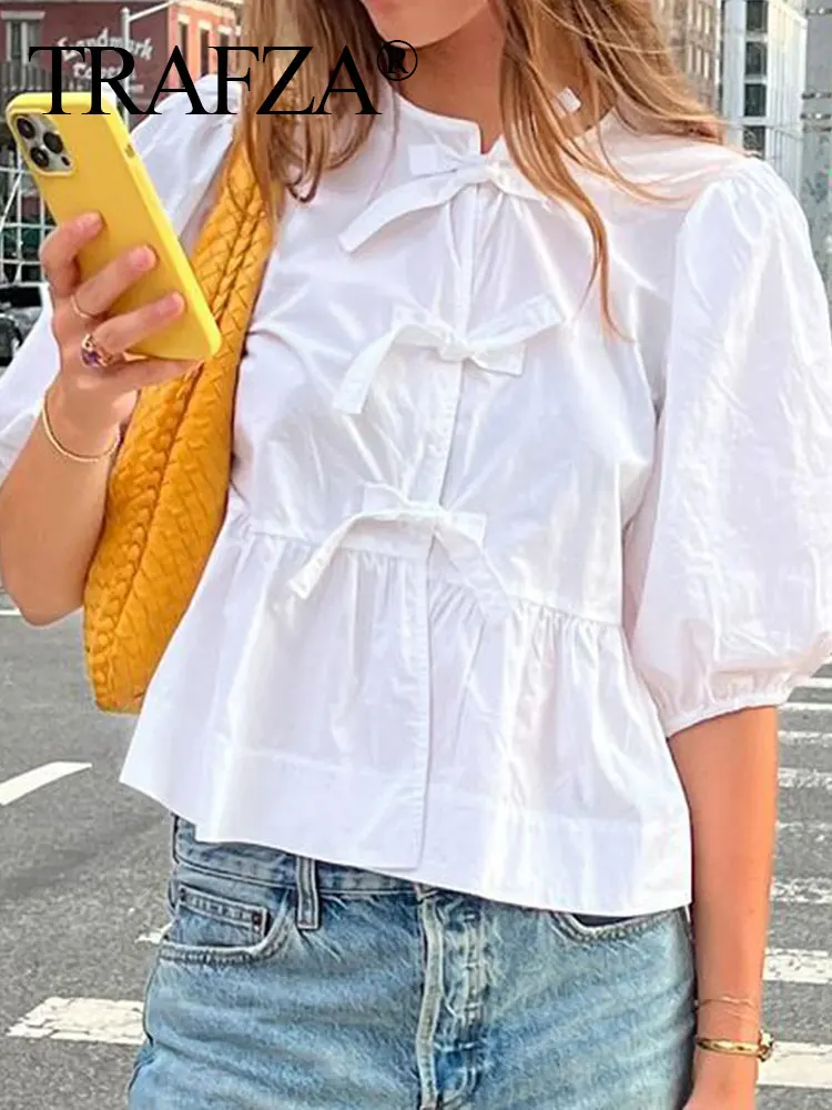 TRAFZA Women Bow Lace Up Puff Sleeve Shirt Sweet White Black O Neck Blouse 2024 Spring Summer Casual Female Chic Top Shirts