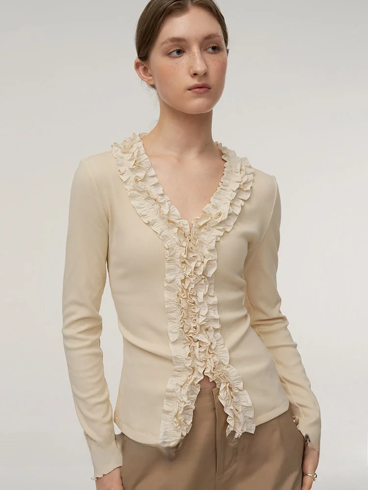 

Original Double Layer 3D Lace Long Sve Knitted Cardigan Fce Soft V Ne Women's Autumn Faion Commute Sle Pure Color
