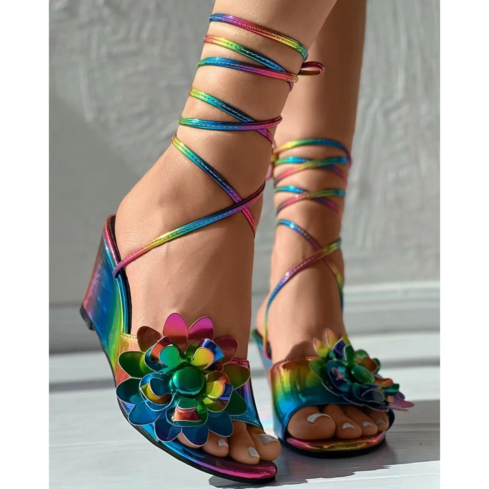 Fashion Women Ombre Floral Pattern Strappy Wedge Heel Sandals Female Modern Party Summer Shoes